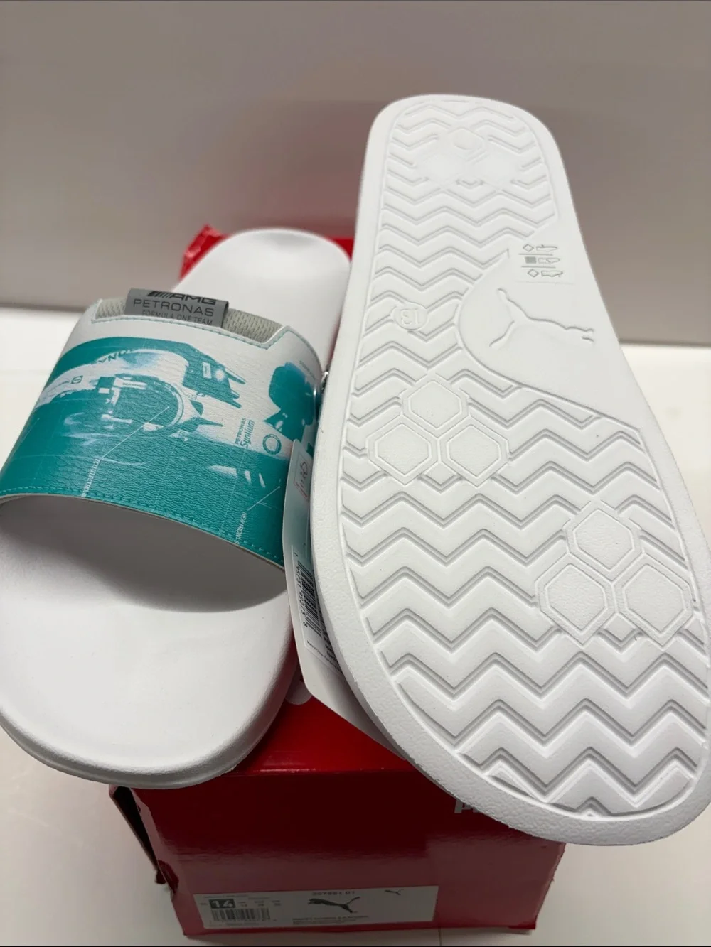 NEW Puma X Mercedes Formula 1 White & Teal Graphic Slide Sandals